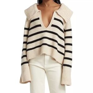Striped Deep-V Collar Sweater - Cream/Black